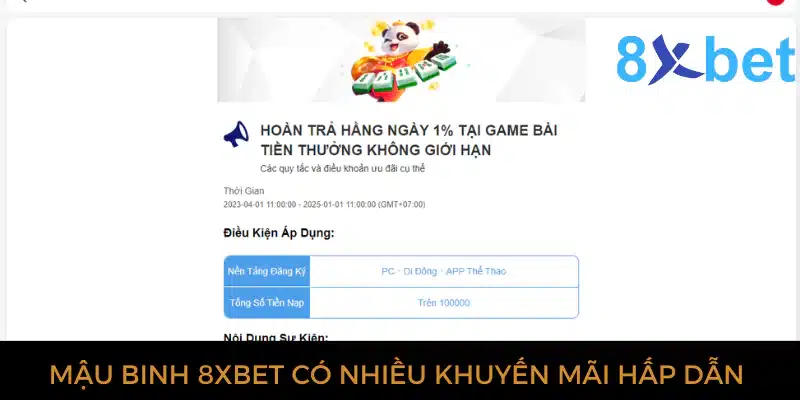 Mậu binh 8xbet: Sòng bài trực tuyến uy tín, thưởng lớn Mậu binh 8xbet có nhiều khuyến mãi hấp dẫn người chơi